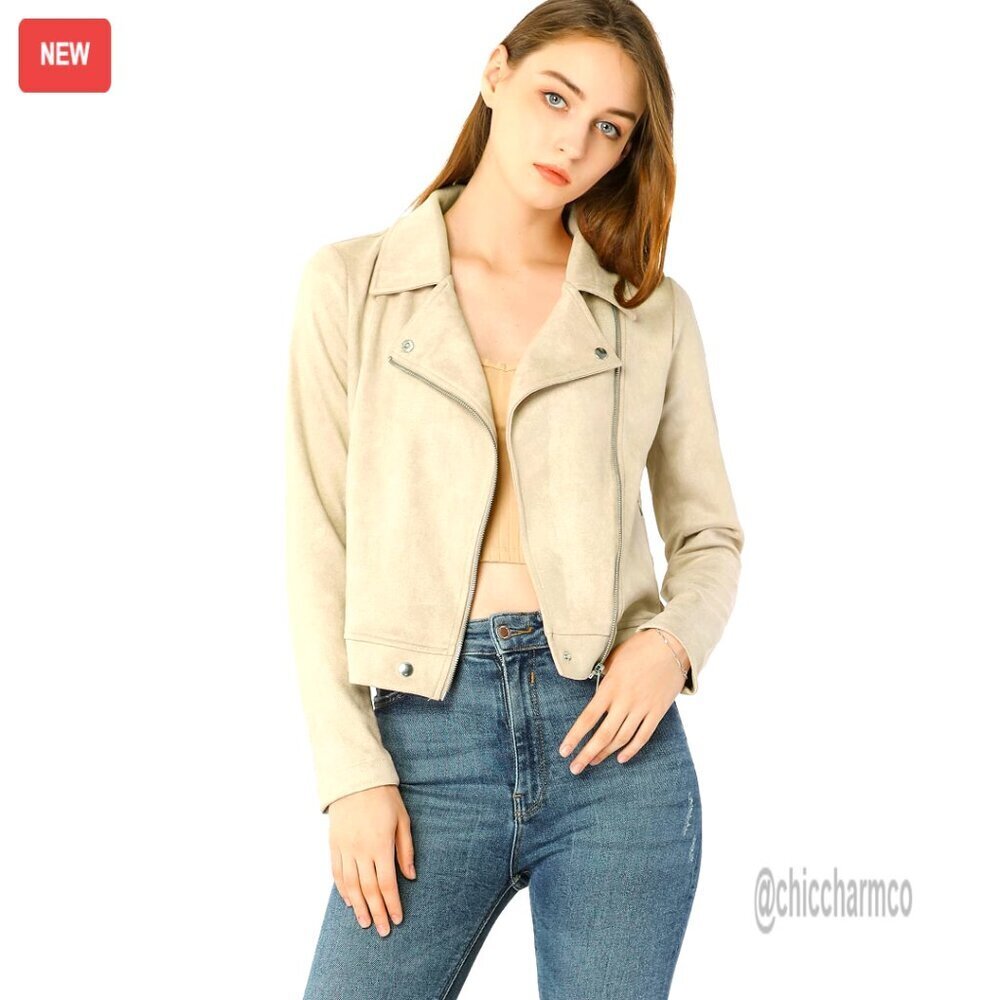Faux Suede Biker Jacket Convertible Collar Asymmetric Zipper Moto Style